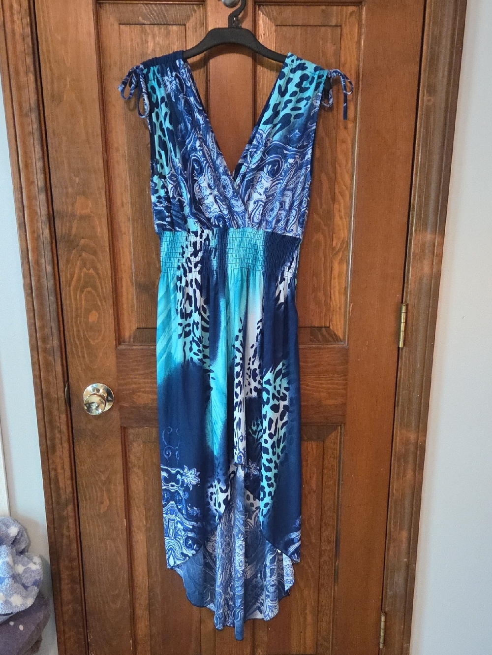 Blue High-Low Summer Dress with V-Neck